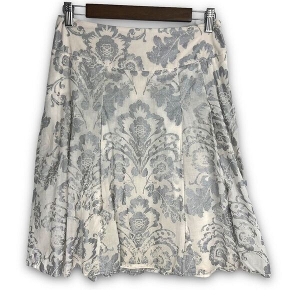 Ann Taylor LOFT White‎ Silver Floral Print Pleated Cotton Midi Skirt Size 2 - Picture 1 of 12